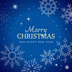 Elegant Merry Christmas and Happy New Year banner with intricate white snowflakes on a deep blue background. Festive winter holiday decoration design.