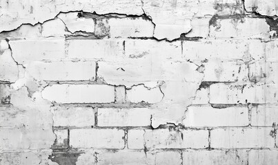Cracked white brick wall with peeling paint, showing texture and age, revealing underlying layers
