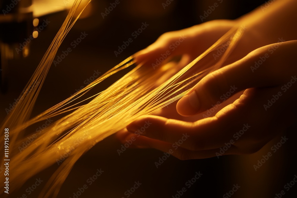 Poster hands skillfully handling delicate golden threads in soft illuminated setting, creating an atmospher