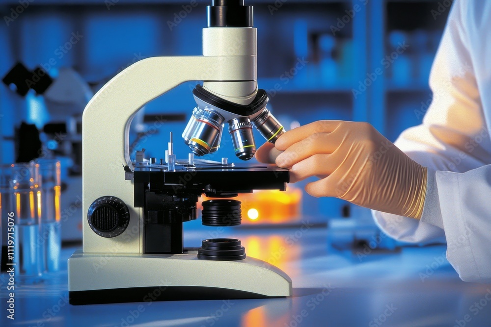 Poster laboratory microscope with scientist hand adjusting objective lenses in research setting surrounded 