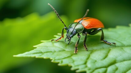 Close-up of Colorful Beetle on Green Leaf