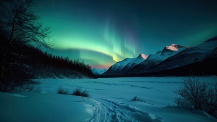 Experience the breathtaking beauty of the Northern Lights illuminating the tranquil winter landscape, with vibrant colors reflecting on the snow-covered ground and serene lake