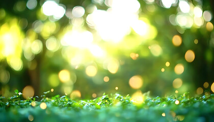 Obraz premium Blur background green park garden nature bright sunny forest. Blurry outdoor park in spring time glowing shinny day template with sunlight bokeh. Abstract blurred background banner copy space.