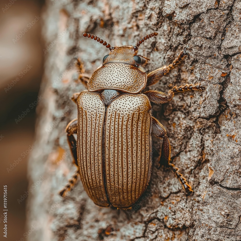 Poster close-up of a bronze beetle on a tree bark, showcasing its intricate patterns and textures.
