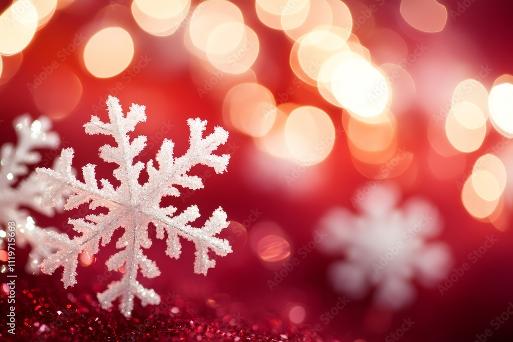 Poster delicate snowflakes on a shimmering red background with colorful bokeh lights creating a magical win