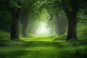 Fototapeta premium A dense, lush green forest with ancient trees and moss-covered ground, shrouded in mist, creating an otherworldly atmosphere. 
