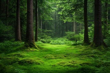 Fototapeta premium A dense, lush green forest with ancient trees and moss-covered ground, shrouded in mist, creating an otherworldly atmosphere. 