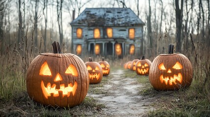 Obraz premium The eerie glow of the full moon illuminates the twisted and contorted faces of the carved pumpkins that line the overgrown pathway leading to the dilapidated haunted mansion