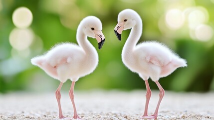 Obraz premium Two baby flamingo chicks with fluffy white feathers against blurred green background. Adorable young birds standing together. Sweet wildlife portrait capturing innocence. 8k