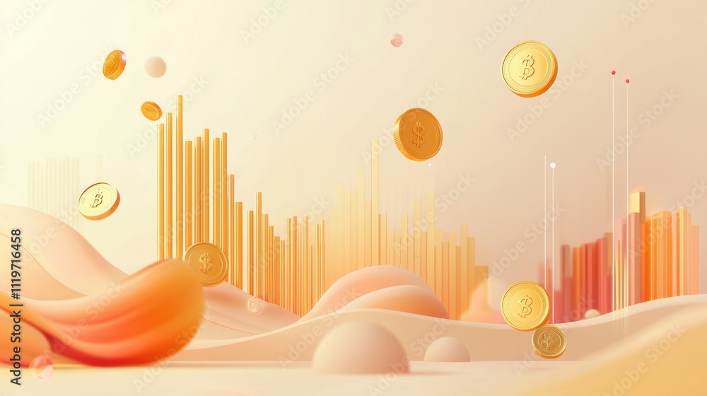 Poster economic growth visualization with floating coins and graphs in abstract digital environment