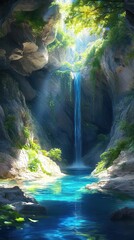Serene Waterfall Cascading Into A Hidden Cave Pool