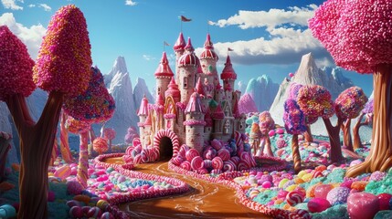 Digital art adventure whimsical candy castle in a colorful fantasy landscape