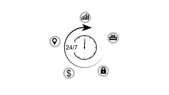 Glowing white color clock icon animation. 24 hours a day and 7 days a week. 24/7 hour service working delivery concept payment online banking, shopping, transaction online service.
