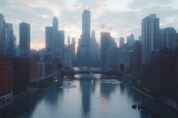 Fototapeta premium A serene early morning view of the Chicago skyline, featuring the iconic buildings reflected in the tranquil river.