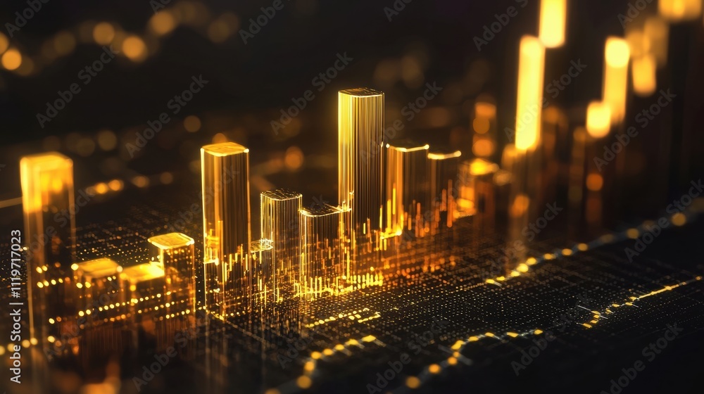 Poster visualizing economic trends with golden graphs in financial markets data visualization technology