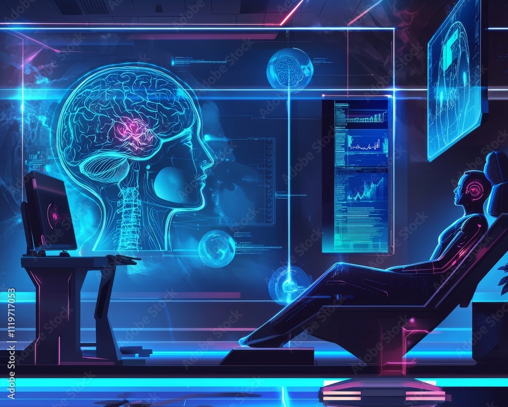 Poster a male in a futuristic setting, immersed in technology, analyzing ai data while a holographic brain 