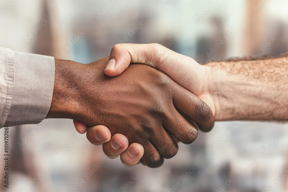 Poster close-up of hands from different ethnicities shaking hands signifying unity and cooperation in a div