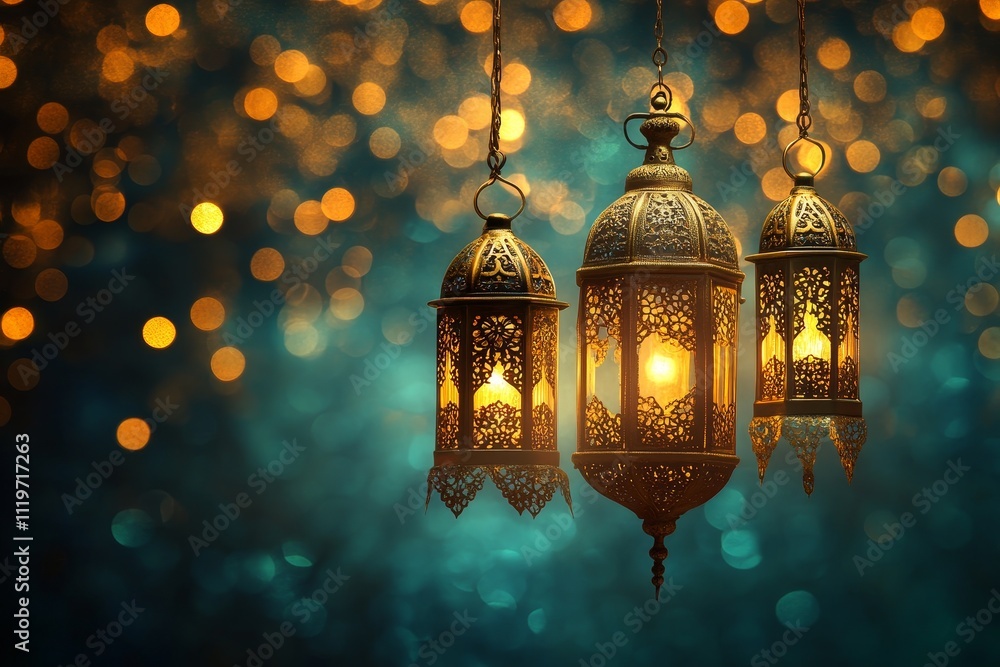 Poster intricately designed lanterns illuminating a dramatic background of soft bokeh lights in a captivati
