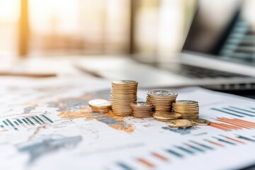 Financial Analysis World Map with Charts and Coin Stacks for Global Economic Insights and Trends