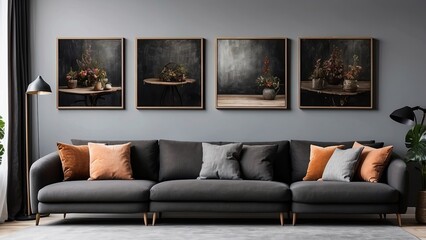 The living area is decorated with three accent canvas square painting pictures. Frames for artwork on a black wall. A gallery in dark tones with a gray sofa or couch. Rich display mockup layout tripty