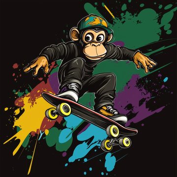 A cartoon monkey skating on a skateboard, exuding a vibrant and playful vibe with colorful paint splashes in the background.