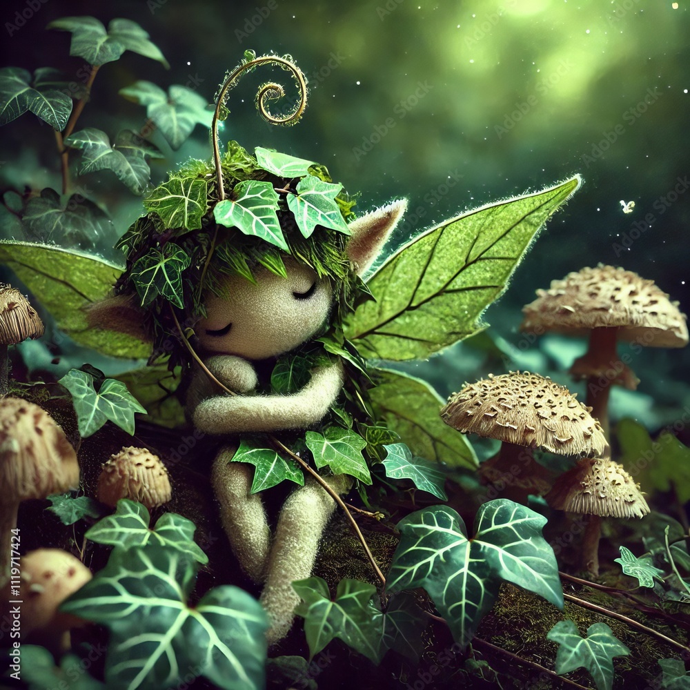 Poster mystical forest sprite fictional a tiny creature with leaf like