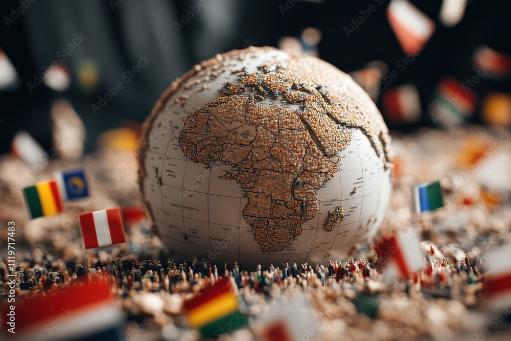 Poster large globe surrounded by miniature flags representing various countries in a unique display