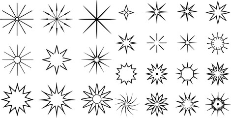 Collection of vintage light, sun, and starburst shapes; distinct radial patterns of light rays and shining lines; ray stars vector outline and icon on a transparent background.