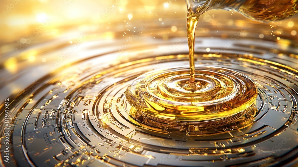 Poster a golden liquid is poured into concentric circular patterns, creating ripples in a shimmering, refle