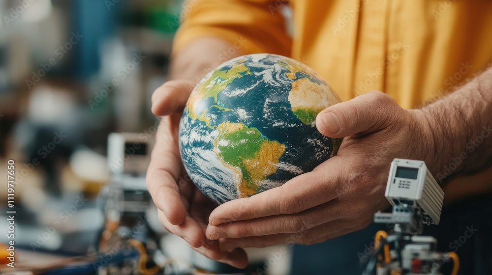 Poster Close Up of Hands Holding a Globe Surrounded by Various Tools and Objects in a Bright Workspace