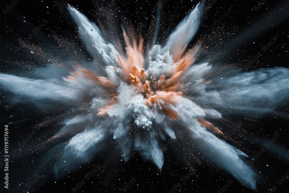 Poster dramatic explosion of colorful powders erupting into a dark space, creating a stunning visual displa