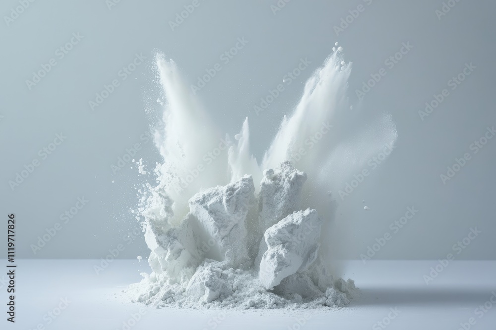 Poster white powder explosion on grey surface creating dynamic splashes and cloud effects for artistic and 