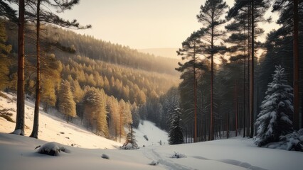 A serene winter landscape featuring snow-covered trees and a soft sunrise illuminating the forest