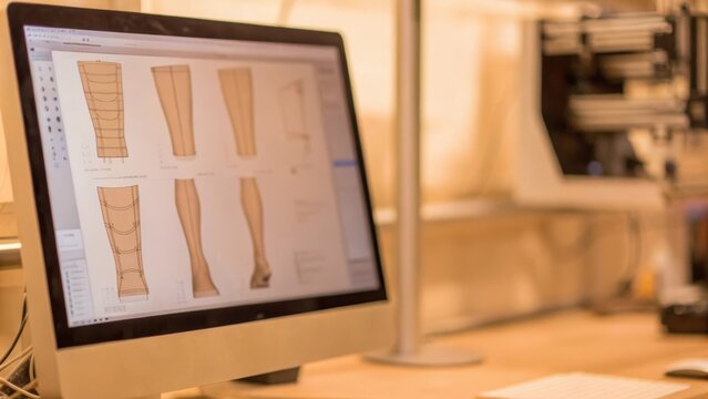 A visualization of the computer modeling process for a 3Dprinted prosthetic featuring software calculations and design iterations on a monitor.