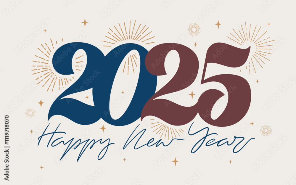 Fototapete happy new year 2025 fireworks card. trend color 2025 vector numbers with multicolored fireworks and 