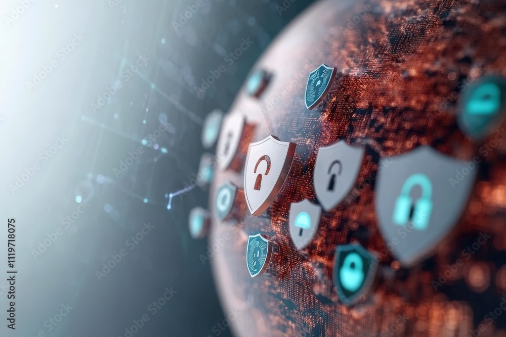 Aufkleber close-up shot of globe with various security icons illustrating global cybersecurity concepts and pr