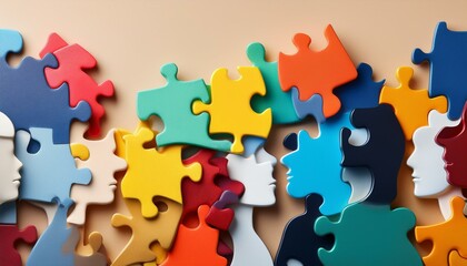 Colorful puzzle pieces representing diverse human profiles and connections in a vibrant, abstract style on a soft beige background, symbolizing unity and collaboration