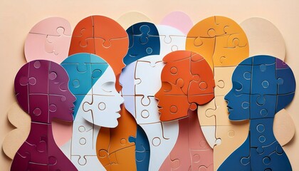 Colorful puzzle pieces representing diverse human profiles and connections in a vibrant, abstract style on a soft beige background, symbolizing unity and collaboration