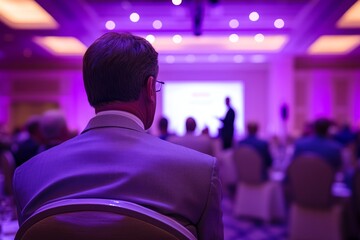 Fototapeta premium Professional Man Observes Speaker at Conference, Engaged Audience in Elegant Venue with Dramatic Lighting and Contemporary Décor
