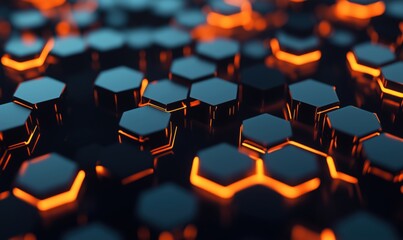Fototapeta premium Hexagonal pattern with glowing orange accents, dark background, modern design, futuristic aesthetic, intricate details