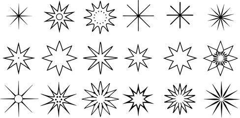 Collection of vintage light, sun, and starburst shapes; distinct radial patterns of light rays and shining lines; ray stars vector outline and icon on a transparent background.