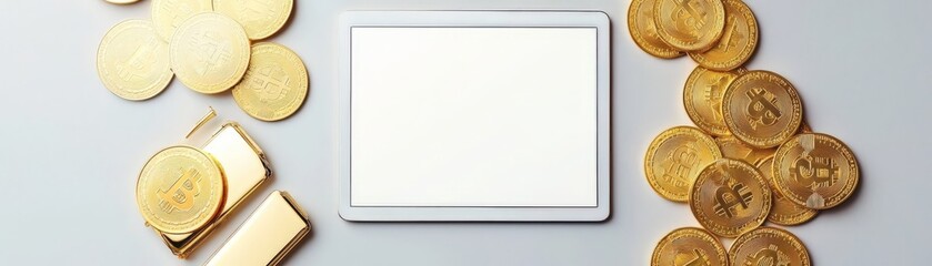 Obraz premium Economic Windfall Creating Pathways to Wealth, Blank card surrounded by gold coins and bars on a light background, ideal for financial themes.