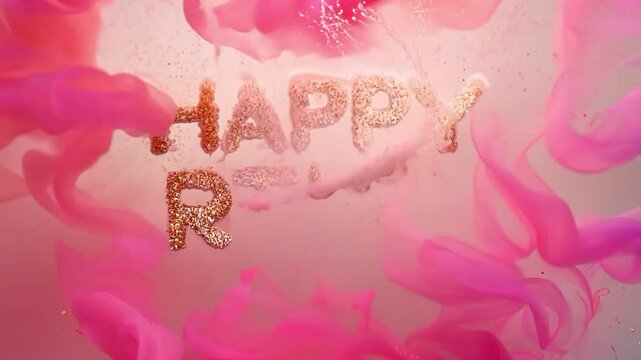 An animated lettering of the word Happy Birthday with lots of bright colors and particles.