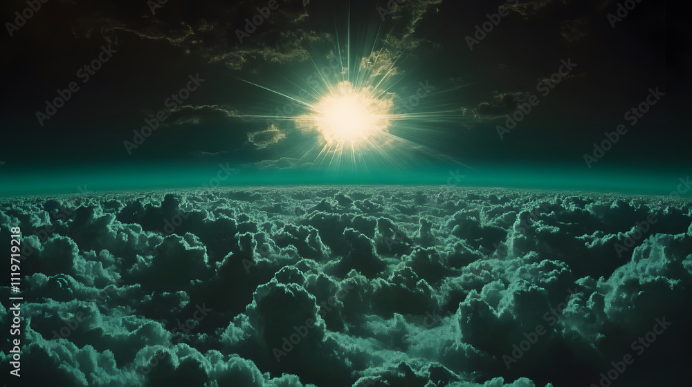 Poster A breathtaking view of the sun rising above a sea of clouds, creating an ethereal atmosphere with a blend of light and shadow