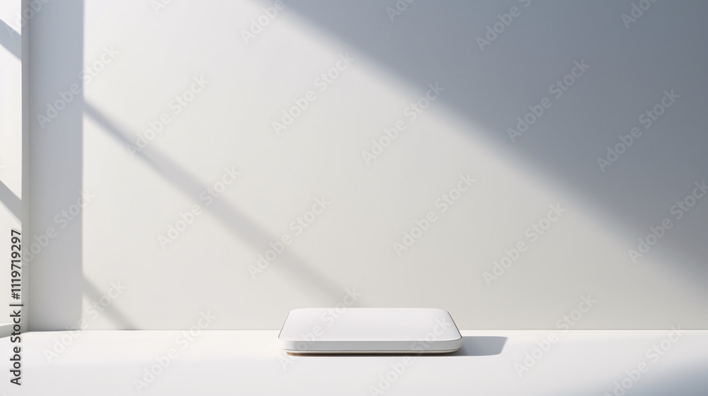 Poster a sleek, modern smart device displayed in a minimalist white environment, featuring a stylish podium