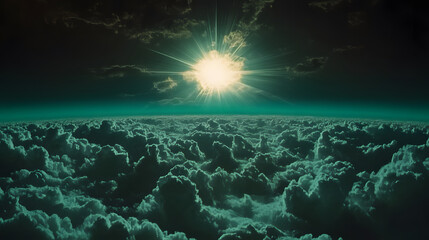 A breathtaking view of the sun rising above a sea of clouds, creating an ethereal atmosphere with a blend of light and shadow