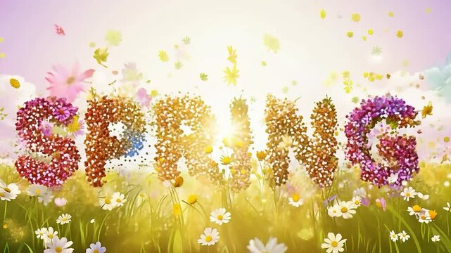 An animated lettering of the word Spring as a background of flowers and bright colors.
