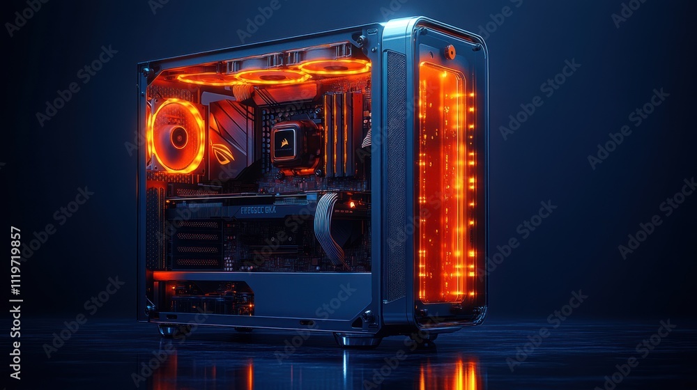 Poster modern computer case with glowing orange led lights, showcasing internal components.