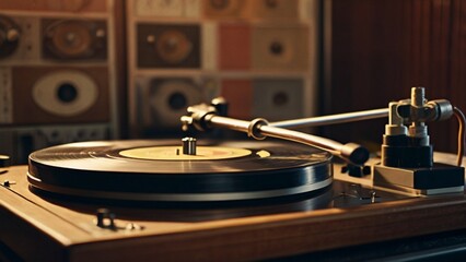 Obraz premium A vinyl record spinning on a classic turntable, surrounded by vintage album covers, creating a music lover’s nostalgic retreat.