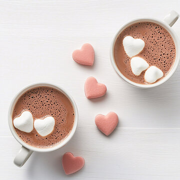 Top voew of Warm hot chocolate topped with heart shaped marshmallows and pink candies, perfect for cozy moment